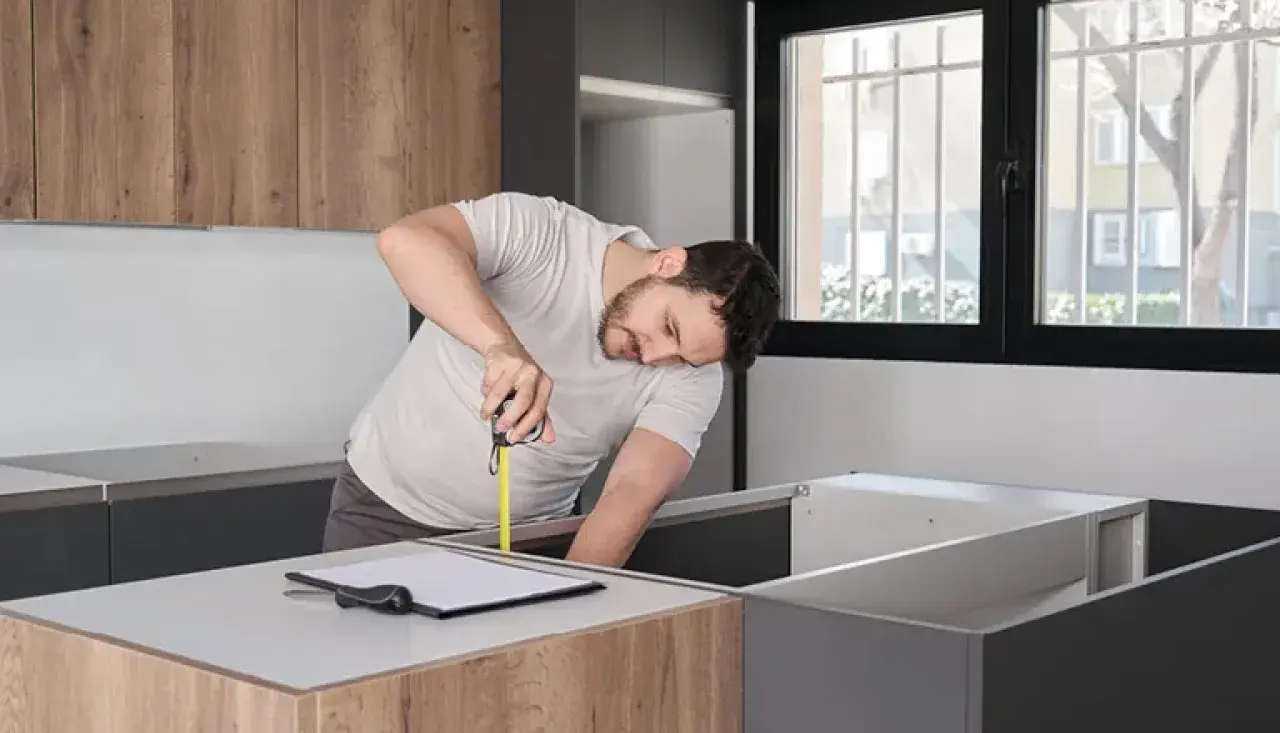 Handwerker misst Küchenzeile bei Montage aus, hochwertige Verarbeitung und exakte Planung für eine perfekte neue Küche.